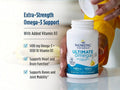 Nordic Naturals Ultimate Omega-3 soft gels bottle being held by a person, with text on the left describing extra-strength omega-3 support and added vitamin D3.