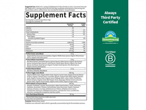 Garden of Life Perfect Food Original Super Green Formula Powder 300g supplement facts panel on tub packaging