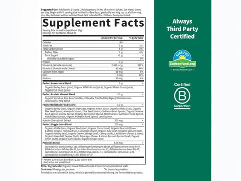 Garden of Life Perfect Food Super Greens Formula Powder supplement facts panel on tub packaging