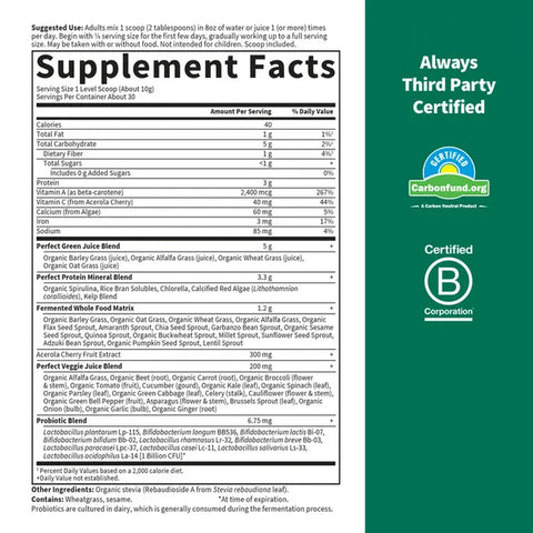 Garden of Life Perfect Food Super Greens powder supplements.