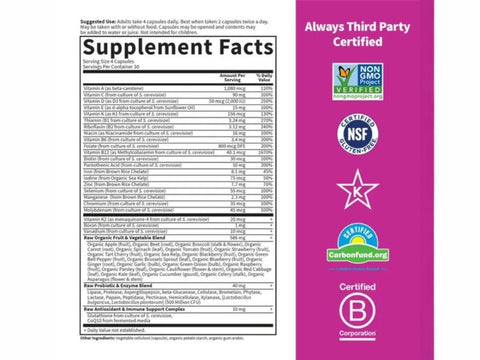 Garden of Life Vitamin Code Women's Multivitamin 120 Vegetarian Capsules supplement facts nutrition information panel