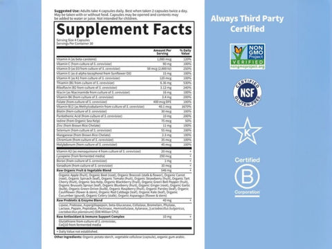 Garden of Life Vitamin Code Men's 50 Plus Multi with Probiotics and CoQ10 supplement facts nutrition information panel