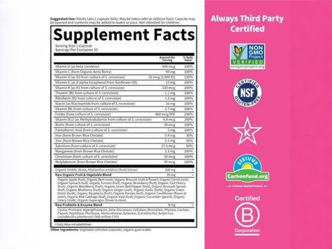 Garden of Life Vitamin Code RAW ONE for Women Once Daily Multi supplement facts panel