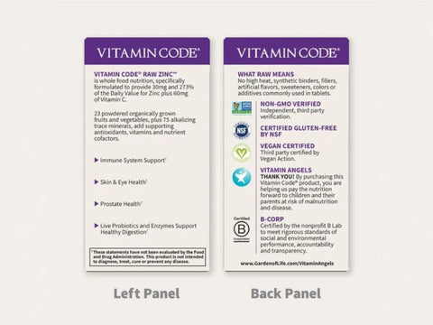 Garden of Life Vitamin Code Raw Zinc 30 mg Supplement 60 Capsules side bottle packaging with key benefits detail