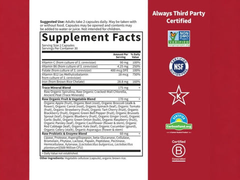 Garden of Life Vitamin Code Raw Iron with Vitamin C and Probiotics 60 Veg Caps supplement facts nutrition information panel