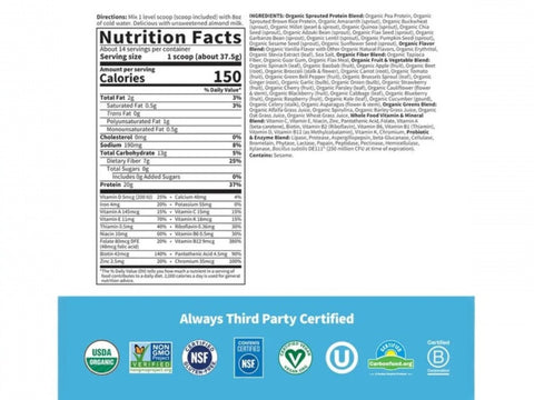 Nutrition facts and ingredients for Garden of Life Vanilla Protein Shake.