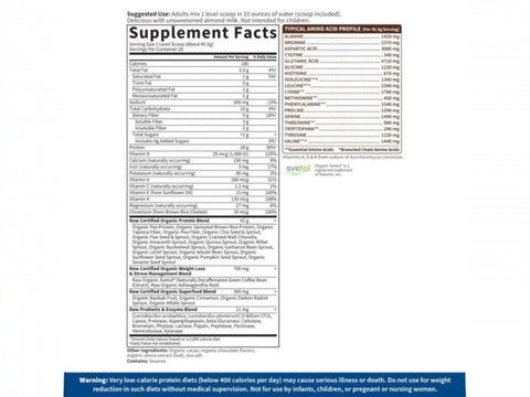 Garden of Life RAW Organic Fit Vegan Protein Shake Powder supplement facts panel on tub packaging