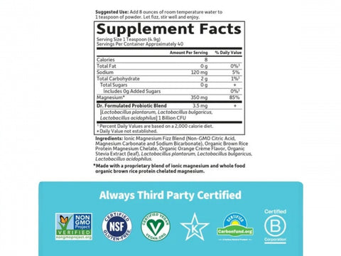 Garden of Life Dr. Formulated Whole Food Magnesium Orange 197.4g supplement facts panel on tub packaging