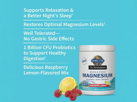 Garden of Life Dr. Formulated Magnesium Powder Raspberry Lemon 198.4g with key benefits detail