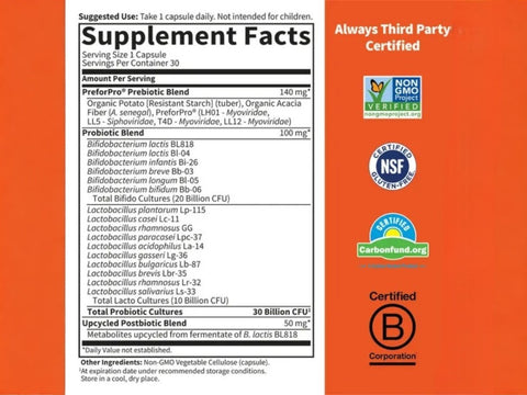 Garden of Life Dr. Formulated Once Daily 3-in-1 Probiotics 30 Count supplement facts panel on tub packaging