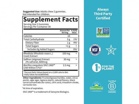 Garden of Life Herbals Gummies with Rhodiola and Saffron Berry 60 Count supplement facts nutrition information panel