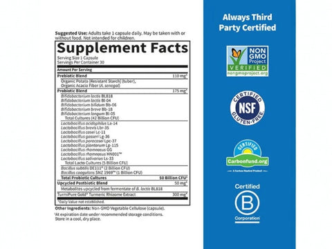Garden of Life Dr. Formulated Sport Probiotics 30 Capsules side tub packaging with key benefits detail