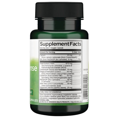 Swanson Stomach Defense Essentials PepZinGI digestive supplement veggie capsule bottle 60 capsules supplement facts ingredients & barcode panel