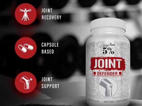 Supplement bottle labeled 'Joint Defender' with icons and text on a blurred gym background