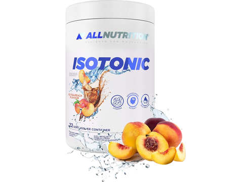 AllNutrition isotonic powder container with peaches on a white background