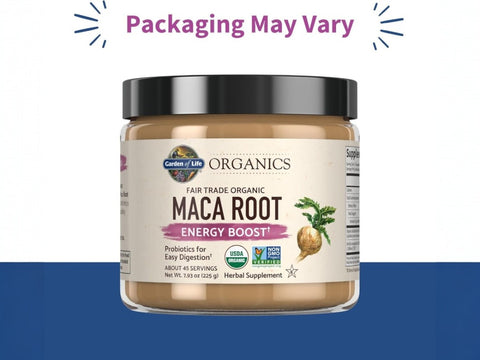 Garden of Life Organics Gelatinised Peruvian Maca Root Powder 225g front tub packaging showing product name and branding
