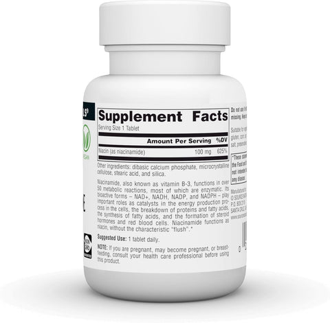 Supplement facts & ingredients image: Source Naturals Niacinamide vitamin B3 100mg tablets ingredient panel 100 count