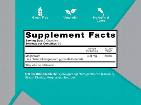 Supplement facts & ingredients image: Qunol Magnesium Glycinate capsules barcode bottle 420mg 120 count