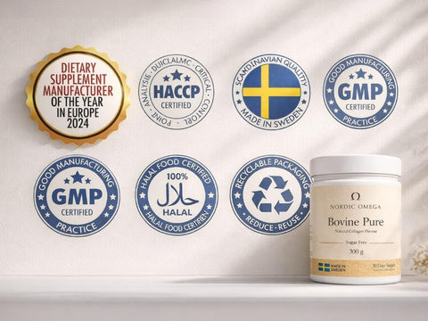 Nordic Omega Bovine Pure Collagen Powder Unflavoured 300g seal & certifications
