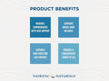 Product benefits graphic for Nordic Naturals featuring four blue text boxes on a light background: provides comprehensive fatty acid support, supports whole-body wellness, supports skin structure and vibration, and provides a concentrated source of GLA.