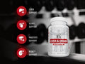 Supplement bottle labeled 'Liver & Organ Defender' with support icons on a blurred gym background