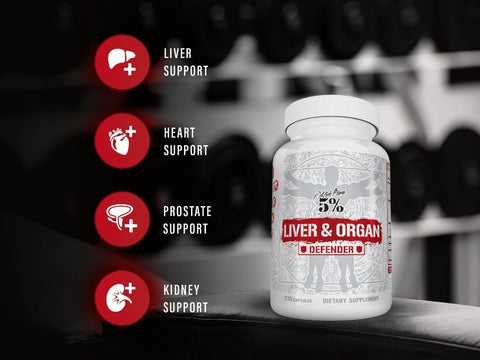 Supplement bottle labeled 'Liver & Organ Defender' with support icons on a blurred gym background