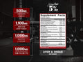 Supplement facts label with ingredients and dosages on a black background