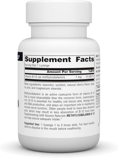 Supplement facts & ingredients image: Source Naturals Vitamin B12 methylcobalamin cherry lozenges ingredient panel 60 count