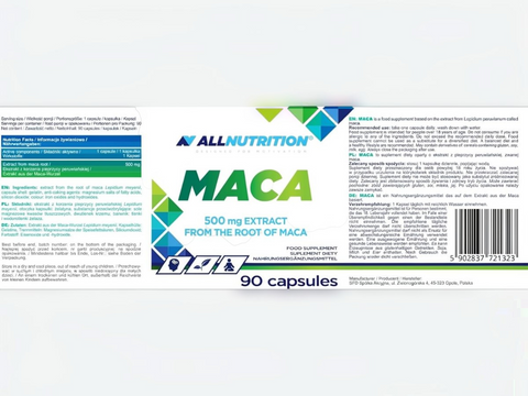 AllNutrition Maca supplement packaging with text and branding.