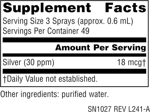 Supplement facts & ingredients image: Source Naturals colloidal silver throat spray liquid ingredient panel bottle 29.57ml