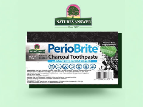 Nature’s Answer PerioBrite activated charcoal toothpaste 113.4g barcode on a green background