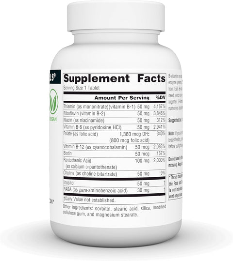 Supplement facts & ingredients image: Source Naturals B-50 Complex 50mg tablets ingredient panel 100 count