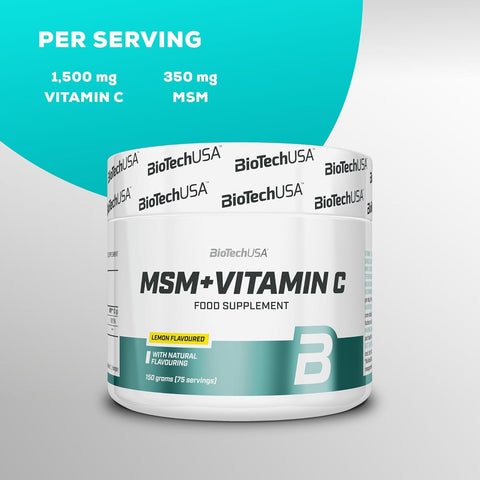 Nutrition facts and ingredient label of the MSM + Vitamin C supplement.
