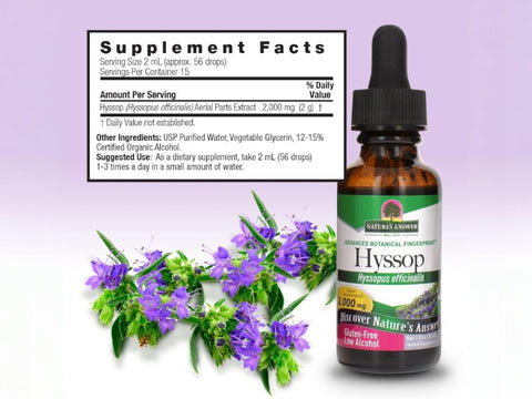Nature’s Answer Hyssop Herb Liquid Extract 30ml supplement facts label on a light purple background