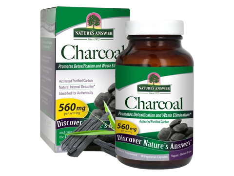 Nature's Answer Activated Charcoal Capsules 90 count vegan supplement front label box & bottle