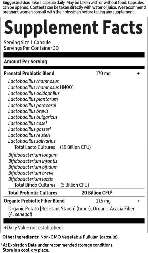 Supplement facts for Prenatal Probiotic with prebiotic fiber.