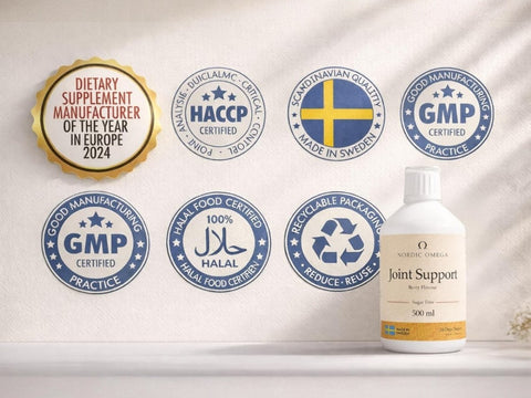 Nordic Omega Joint Support Liquid Collagen Berry 500ml seal & certifications