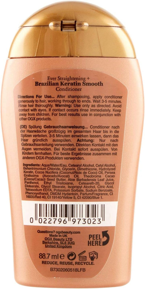 OGX Brazilian Keratin Smooth Conditioner ingredients and directions label & barcode.