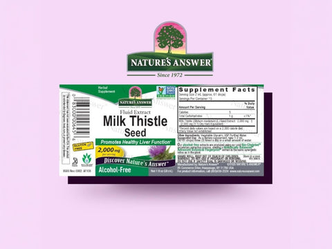 Nature’s Answer Milk Thistle alcohol free liquid extract 30ml barcode on a pink background