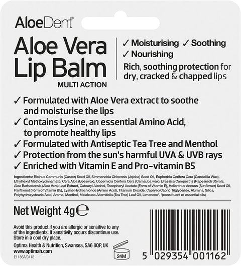 Supplement Facts Image: Aloe Dent Aloe Vera lip balm barcode & ingredients natural formula 4g packaging