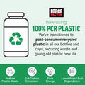 Force Factor supplement bottle with recycling symbol and text about using 100% PCR plastic.