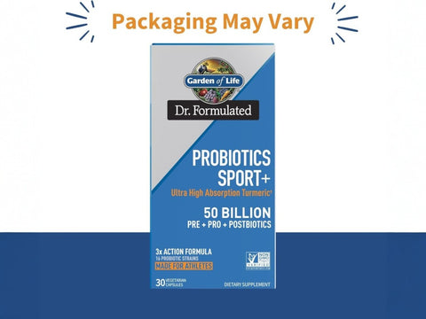 Garden of Life Dr. Formulated Sport Probiotics 30 Capsules front tub packaging showing product name and branding