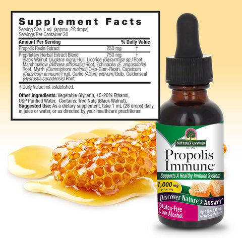 Nature’s Answer Propolis Resin Liquid Extract 30ml supplement facts label on a white background