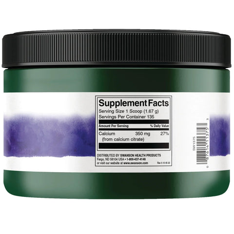 Supplement Facts & Ingredients Image
Swanson Calcium Citrate powder mineral supplement tub unflavoured dairy free 227g supplement facts ingredients & barcode panel