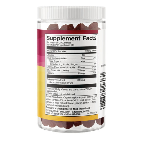 Swanson Elderberry Gummies vitamin C zinc lemon raspberry gummy supplement bottle 60 gummies supplement facts ingredients  & barcode panel