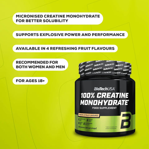 BioTechUSA 100% Creatine Monohydrate supplement facts powder pineapple mango flavour 300g