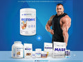 AllNutrition supplement products with a muscular man on a blue background