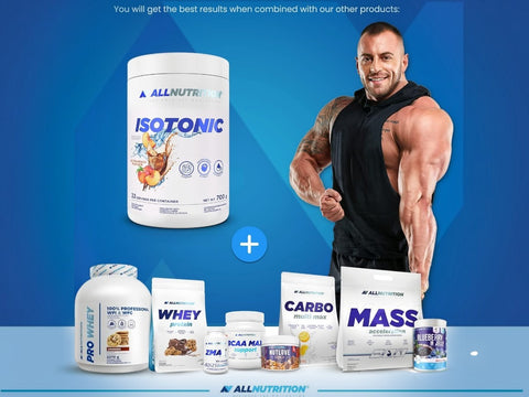 AllNutrition supplement products with a muscular man on a blue background