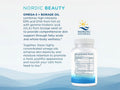 Nordic Beauty Omega-3 + Borage Oil supplement bottle by Nordic Naturals on a light blue and white background with product description text.
