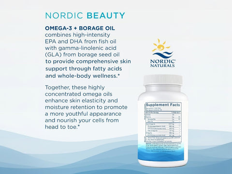 Nordic Beauty Omega-3 + Borage Oil supplement bottle by Nordic Naturals on a light blue and white background with product description text.